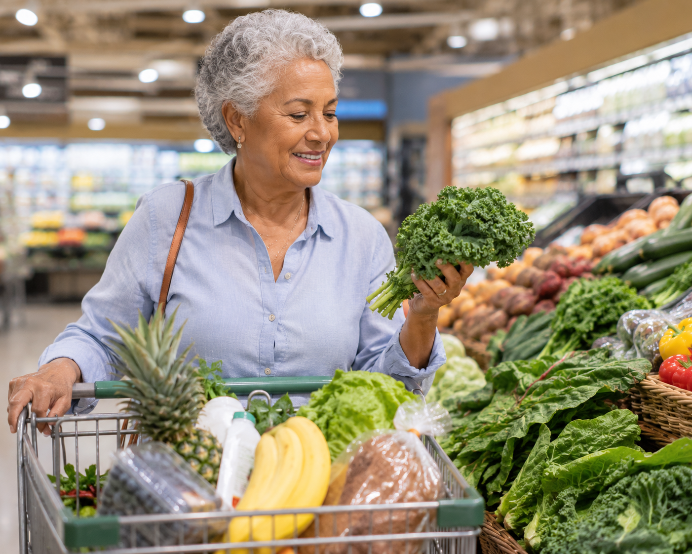 Senior woman shopping for fresh fruits and vegetables in a grocery store, representing Medicare Advantage C-SNP healthy food allowance benefits.