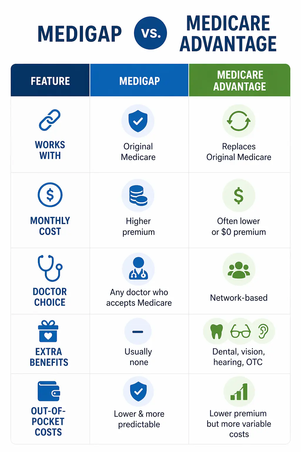Medigap vs Medicare Advantage comparison chart showing differences in monthly cost, doctor choice, extra benefits, and out-of-pocket costs