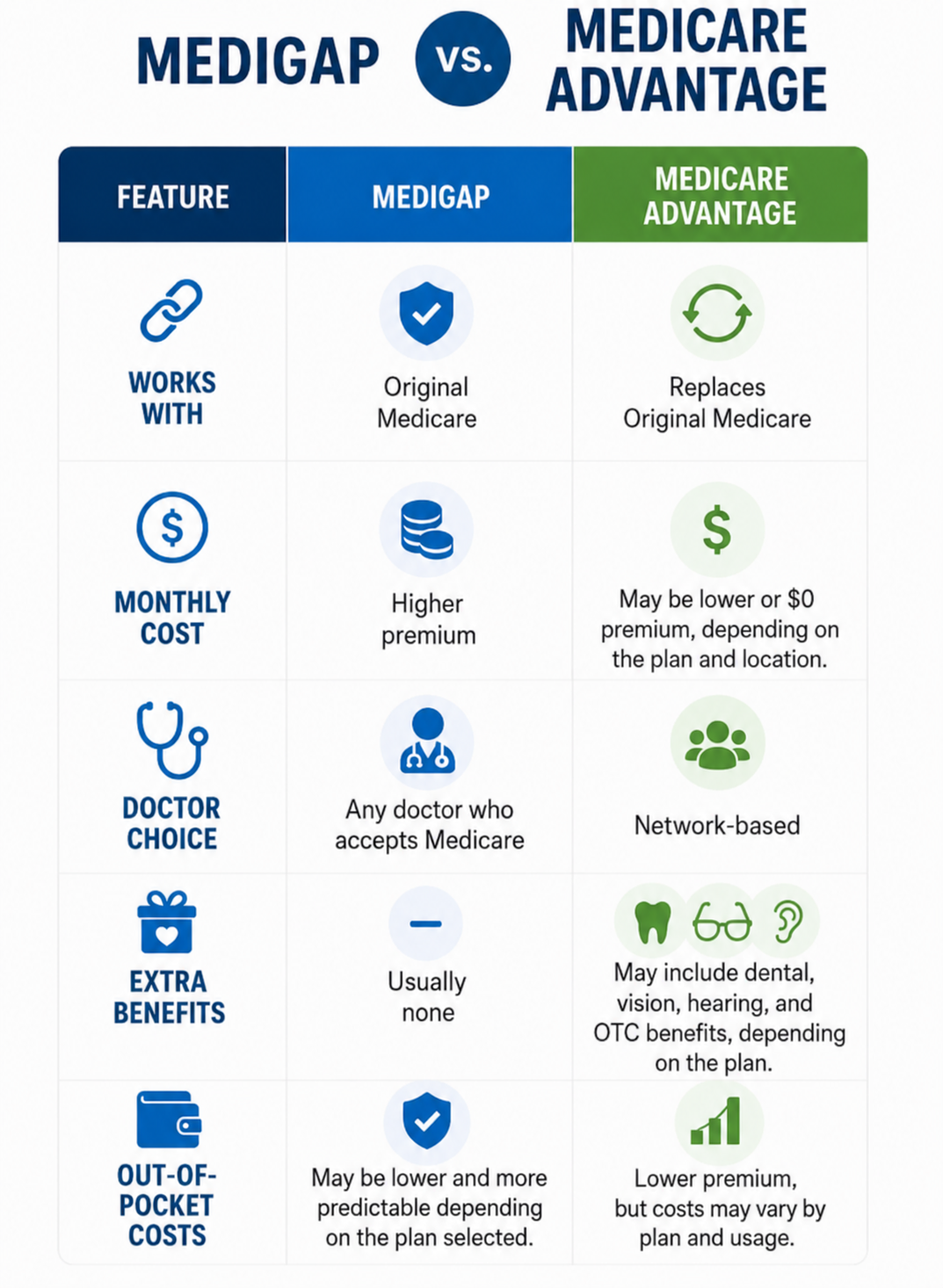 Medigap vs Medicare Advantage comparison chart showing differences in monthly cost, doctor choice, extra benefits, and out-of-pocket costs