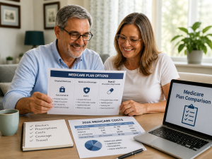 Senior couple reviewing Medicare plan comparison chart showing Original Medicare Medicare Advantage and Part D options